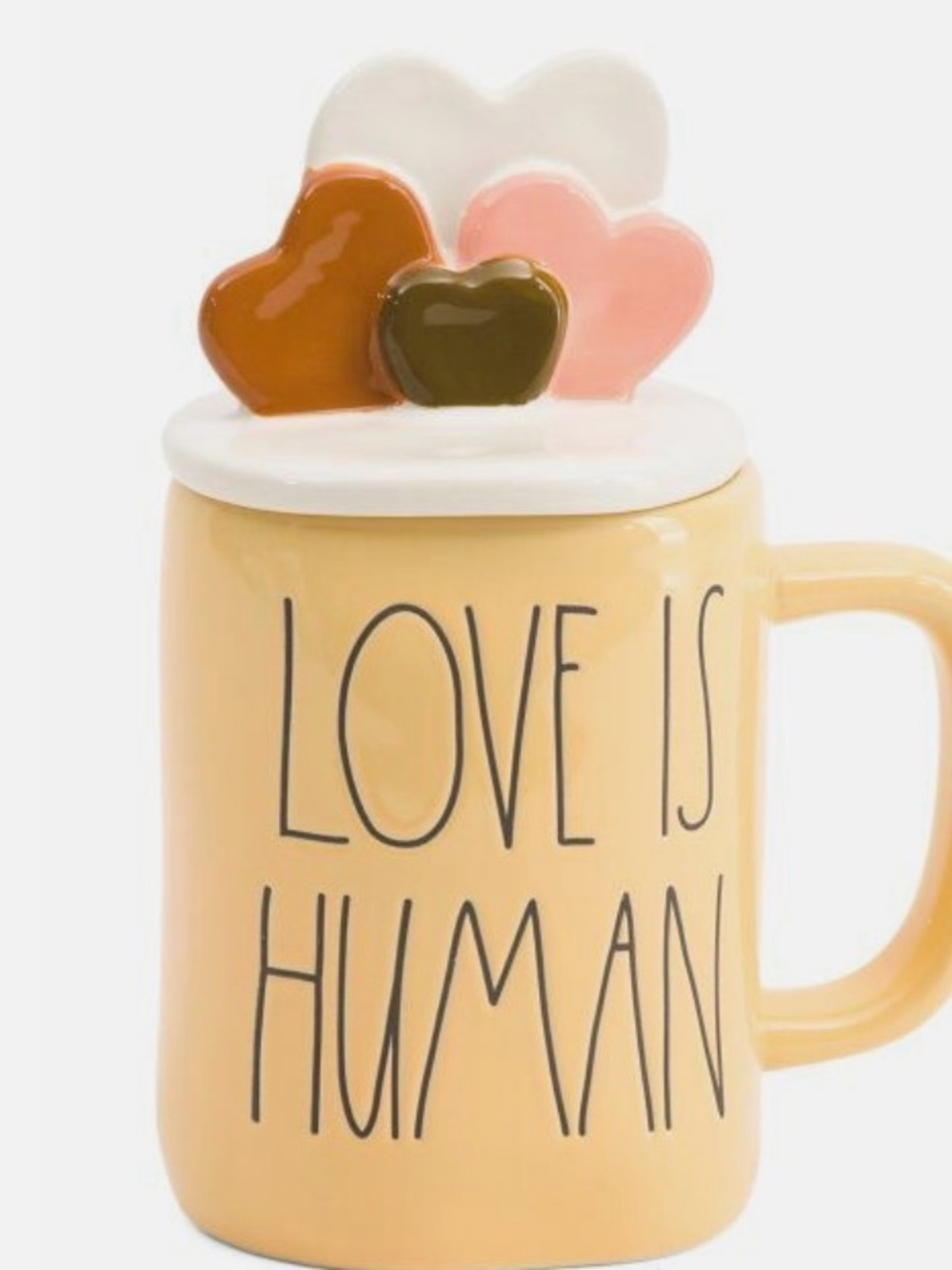 Rae Dunn Heart-Lid Mug in Yellow with Pink, Orange, Olive, and White Hearts
